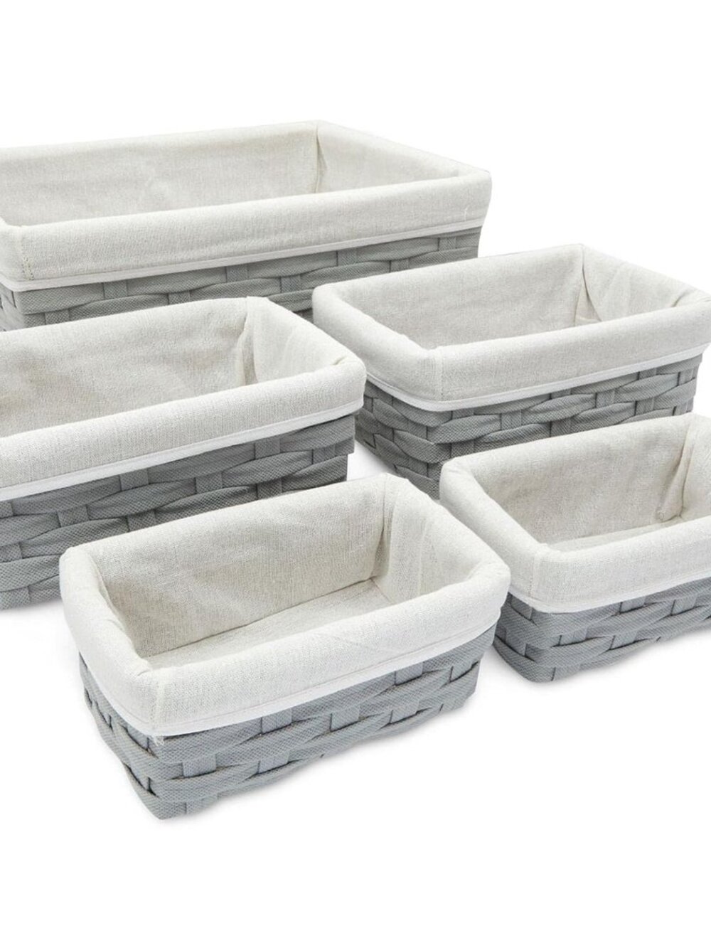 Wicker Nesting Baskets with Cloth Lining - 5-Pack Gray Rectangular Set - Stackab - Picture 1 of 10